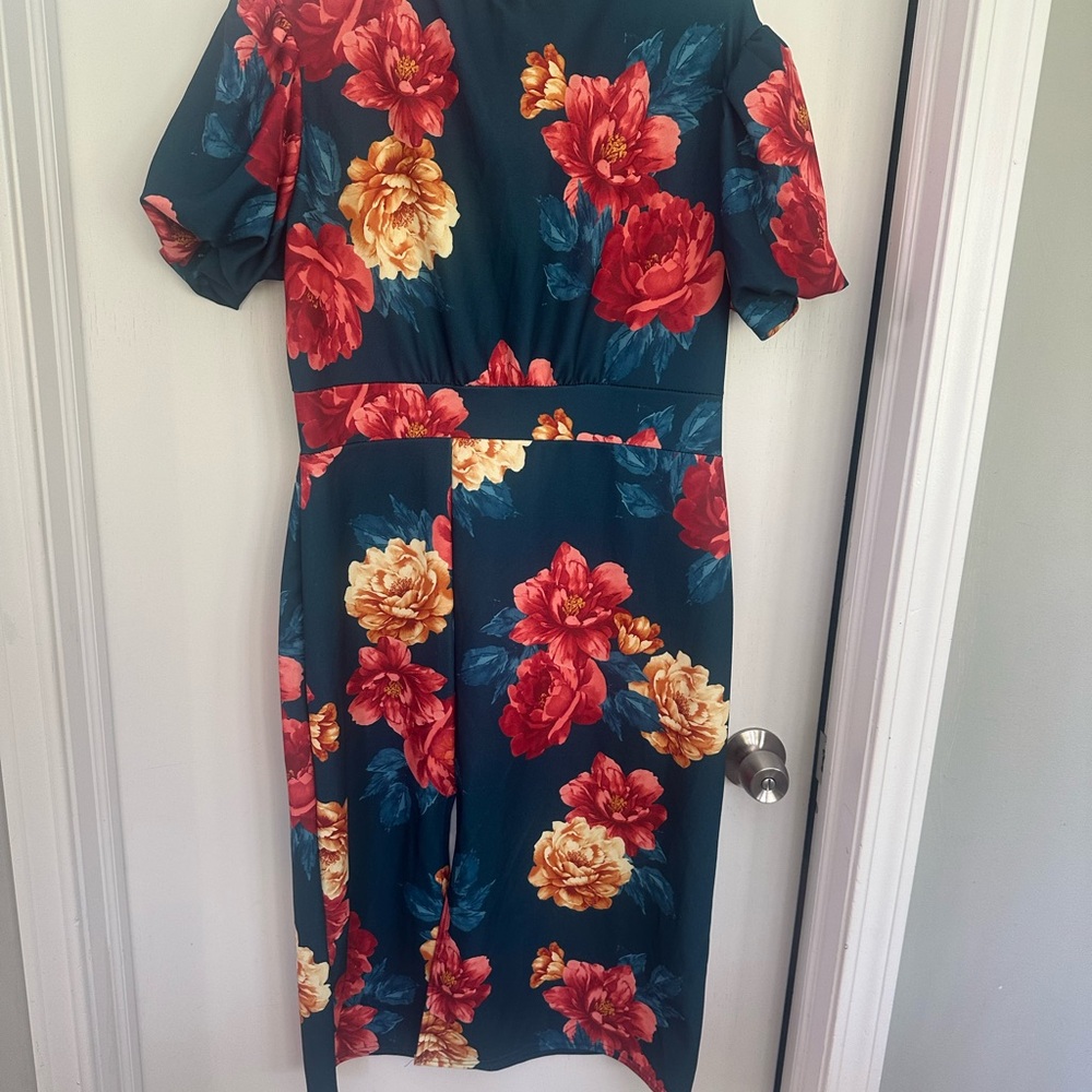 Boohoo Teal Midi Dress with Red & Yellow Floral Print